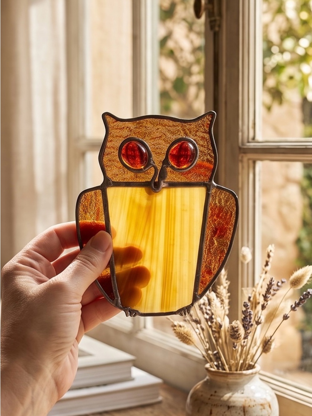 Stained Glass Owl Suncatcher - Amber & Red